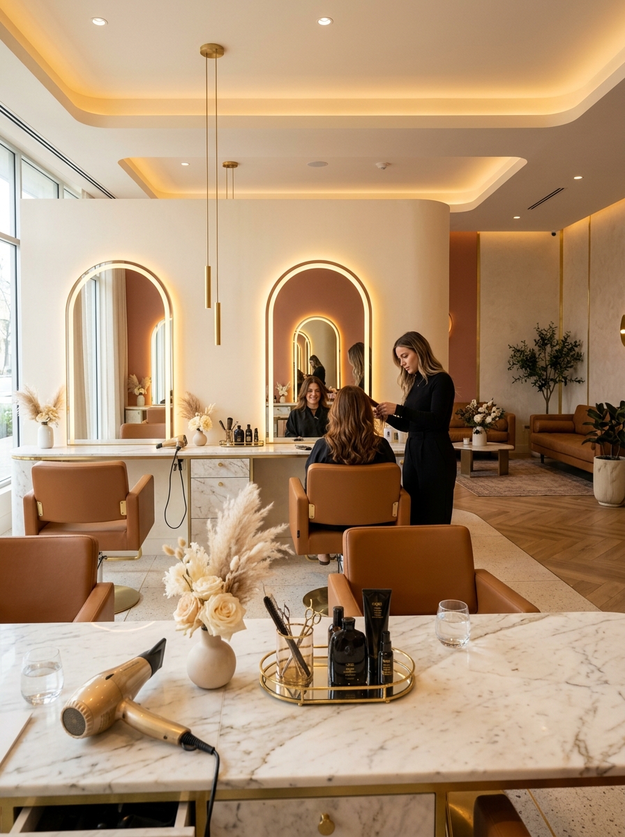 Demo look: Calm salon interior with warm arched mirrors, marble vanity, and styling stations