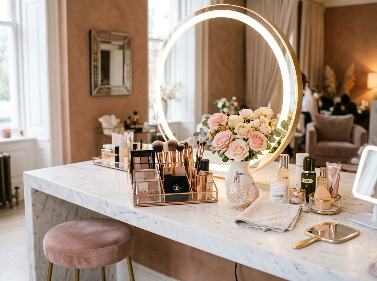 Demo photo: Makeup station with illuminated round mirror and cosmetic brushes