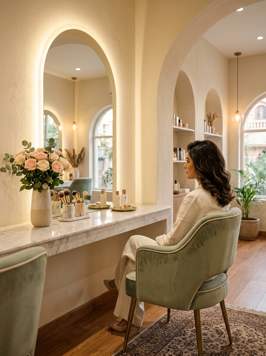 Demo photo: Serene salon vanity area with illuminated arched mirror and floral arrangements